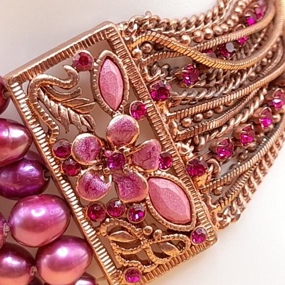 Pink Dyed Pearl Rhinestone Bracelet, Rose Gold Tone Chains, Pink Rhinestones, 7" - Picture 4 of 10